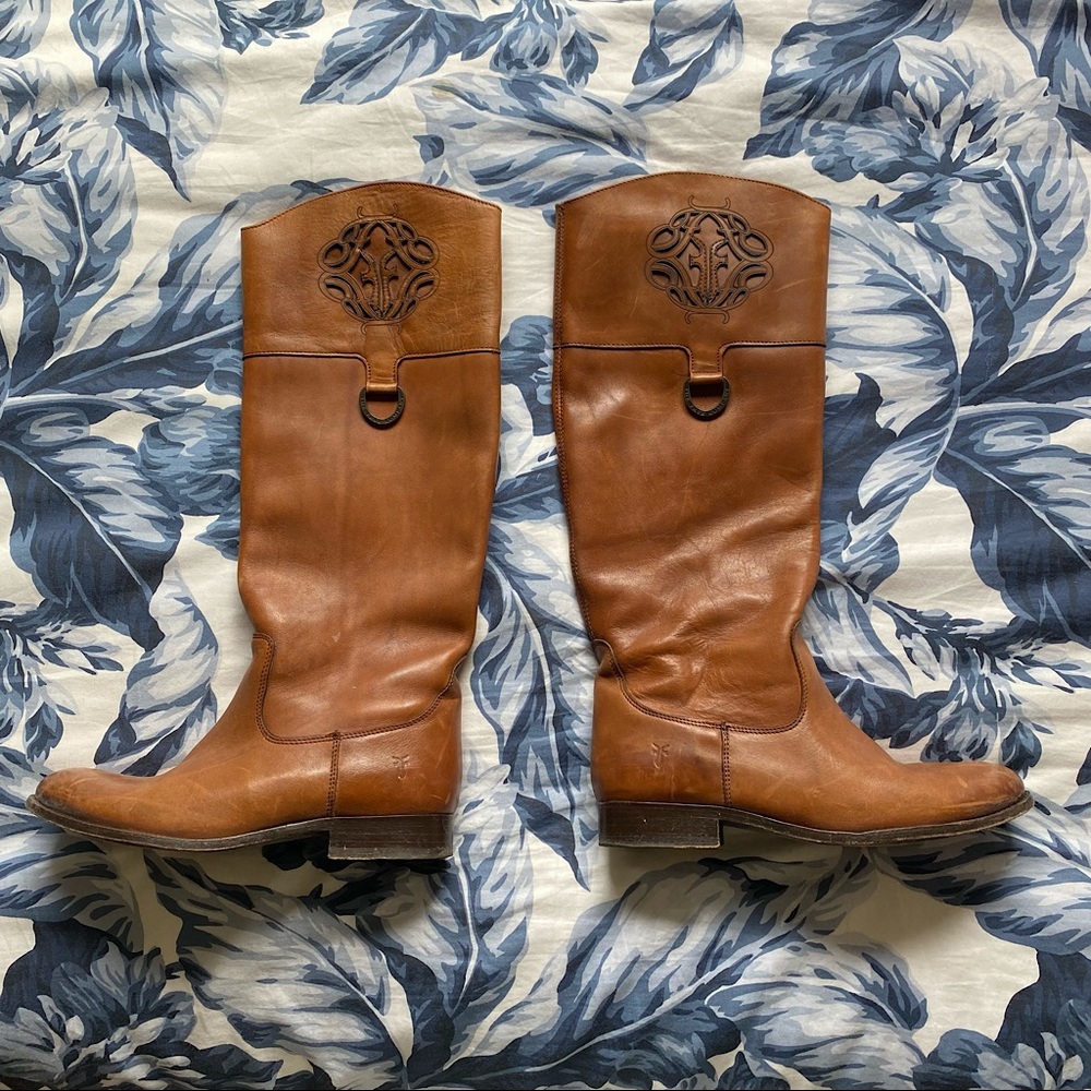FRYE Melissa Logo Tan Brown Tall Riding Boots
